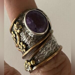 Custom Made Amethyst, Silver, Copper Ring Unique Design
